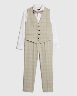 Boys Beige Check Waistcoat 4 Piece Set