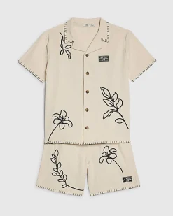 Boys Beige Embroidered Swim Shorts Set