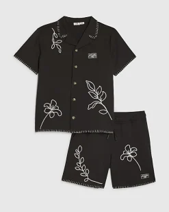 Boys Black Embroidered Swim Shorts Set