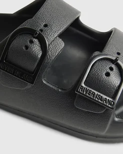 Boys Black Moulded Double Strap Sliders