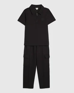 Boys Black Slim Fit Polo Jogger Set
