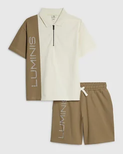 Boys Brown Oversized Polo Shirt Set