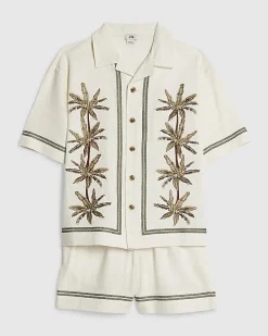 Boys Cream Embroidered Palm Shirt Set