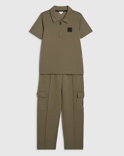 Boys Khaki Polo Shirt And Joggers Set
