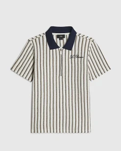 Boys Navy Crochet Stripe Zip Polo Shirt