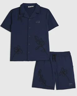 Boys Navy Embroidered Floral Swim Set