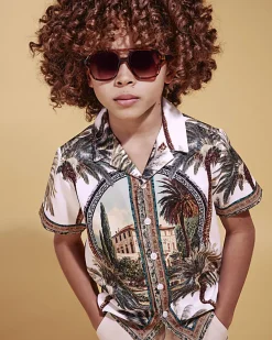 Boys White Palm Print Short Sleeve Shirt