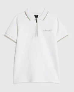 Boys White Textured Polo Shirt