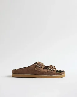 Brown Animal Footbed Double Strap Sandals
