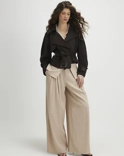 Brown Belted Faux Suede Cropped Trench Jacket