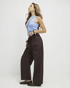 Brown Belted Wide Leg Poplin Trousers
