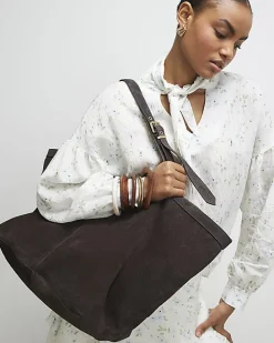 Brown Buckle Handle Suede Shopper Bag