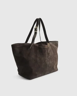 Brown Buckle Handle Suede Shopper Bag