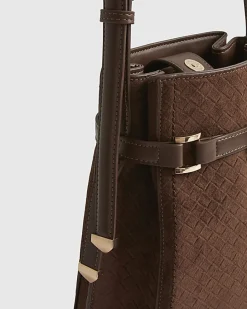 Brown Buckle Top Weave Detail Bucket Bag