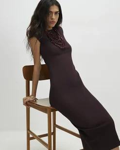 Brown Cap Sleeve Ribbed Midi Dress