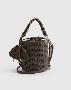 Brown Chain Handle Woven Bucket Bag