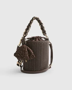 Brown Chain Handle Woven Bucket Bag