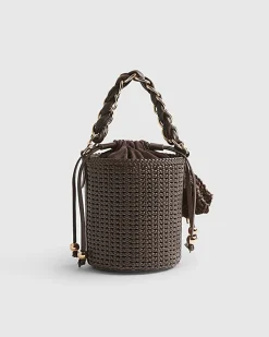 Brown Chain Handle Woven Bucket Bag