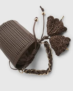 Brown Chain Handle Woven Bucket Bag