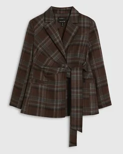 Brown Check Tie Waist Blazer