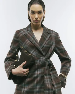 Brown Check Tie Waist Blazer