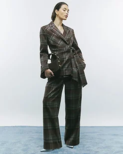 Brown Check Tie Waist Blazer
