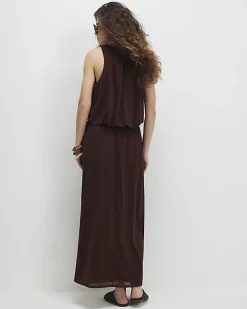 Brown Chiffon Tie Side Maxi Skirt