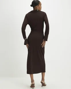 Brown Collared Cowl Neck Midi Dress