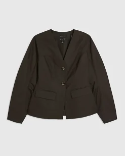 Brown Cotton Collarless Blazer