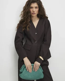 Brown Cotton Collarless Blazer