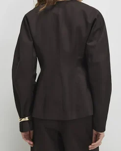 Brown Cotton Collarless Blazer