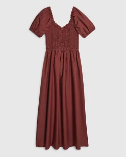Brown Cotton Shirred Midi dress