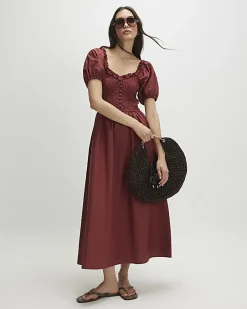 Brown Cotton Shirred Midi dress