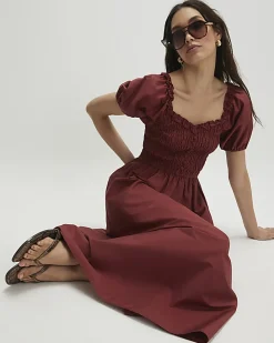 Brown Cotton Shirred Midi dress