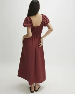 Brown Cotton Shirred Midi dress