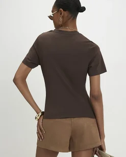 Brown Cotton Short Sleeve Lace Asymmetric Top