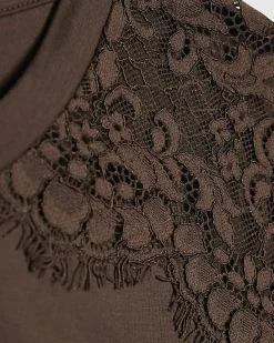 Brown Cotton Short Sleeve Lace Asymmetric Top