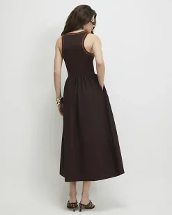 Brown Cotton Sleeveless Whipstitch Maxi Dress