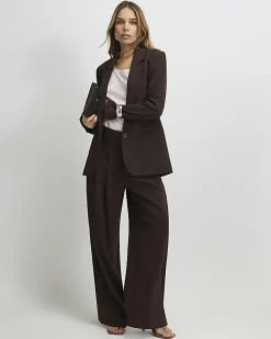 Brown Crepe Ruched Sleeve Blazer