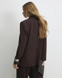 Brown Crepe Ruched Sleeve Blazer