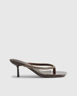 Brown Diamante Toe Thong Heeled Sandals