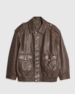 Brown Distressed Leather Bomber Jacket