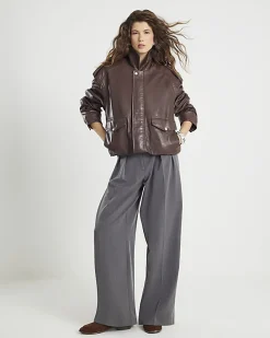 Brown Distressed Leather Bomber Jacket