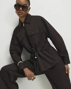 Brown Drawstring Waist Shacket
