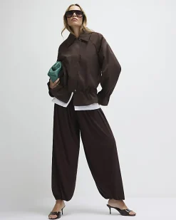 Brown Drop Hem Drawstring Jacket