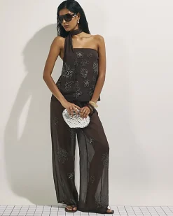 Brown Embellished Bandeau Beach Top