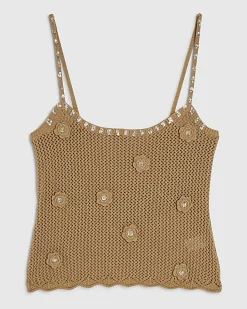 Brown Embellished Flower Knit Cami Top
