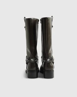 Brown Embellished harness boots