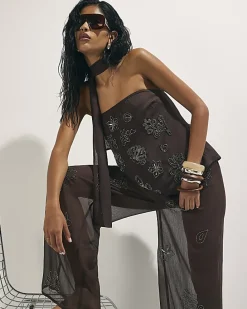 Brown Embellished Wide Leg Beach Trousers