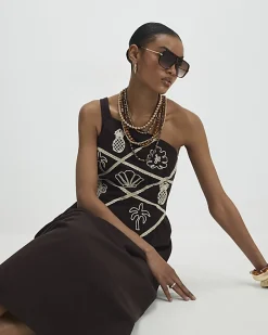 Brown Embroidered One Shoulder Maxi Dress